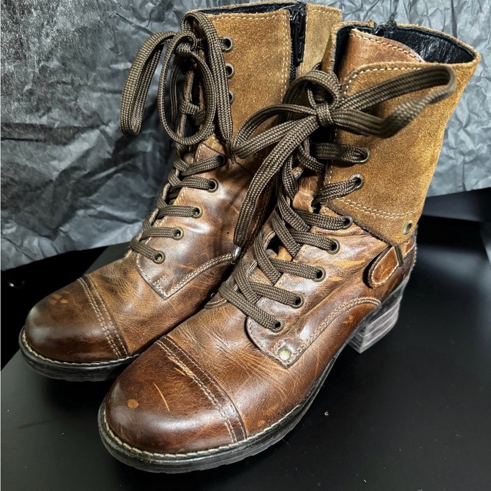 TAOS CRAVE BROWN TAN MOTO BOOTS LEATHER UPPER WITH SIDE ZIP SIZE US 5.5 EUR 36